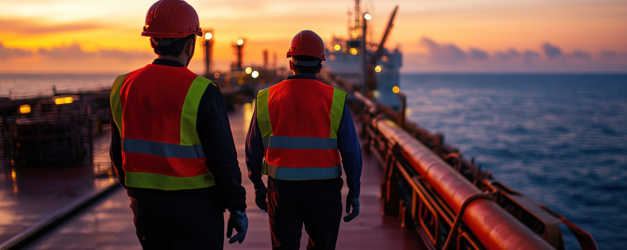 Two workers in safety gear walk on an oil tanker at sunset. The ocean and horizon create a beautiful backdrop.
