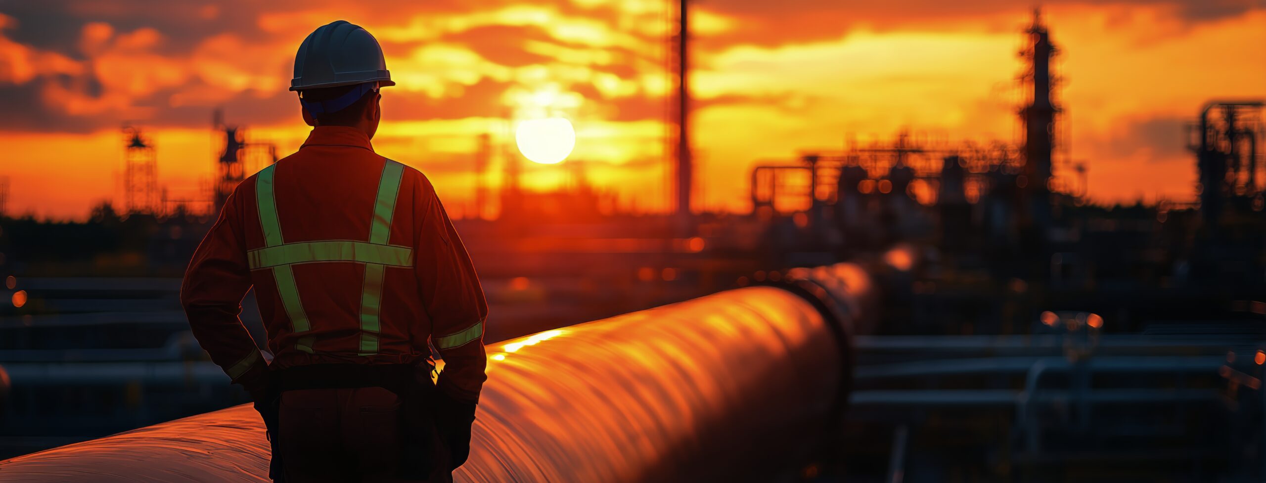 A worker in safety gear watches the sunset near a long pipeline. The sky glows orange and purple as dusk approaches, creating a serene yet industrious atmosphere.