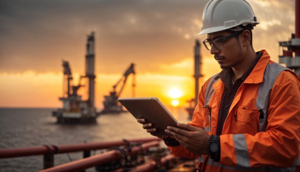 Portrait of a man oil rig worker with a helmet in front of the offshore rig with sunset background. ai generative