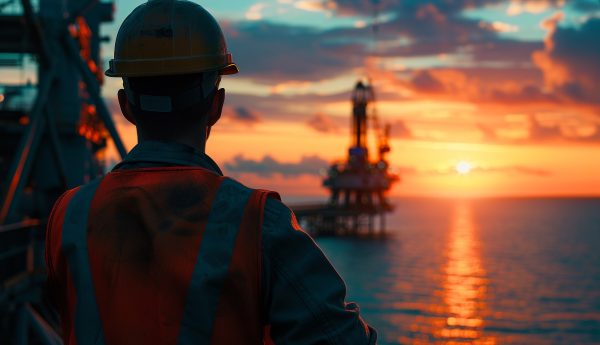 Worker in safety gear observes offshore drilling operations against a stunning sunset backdrop, symbolizing the energy industry.
